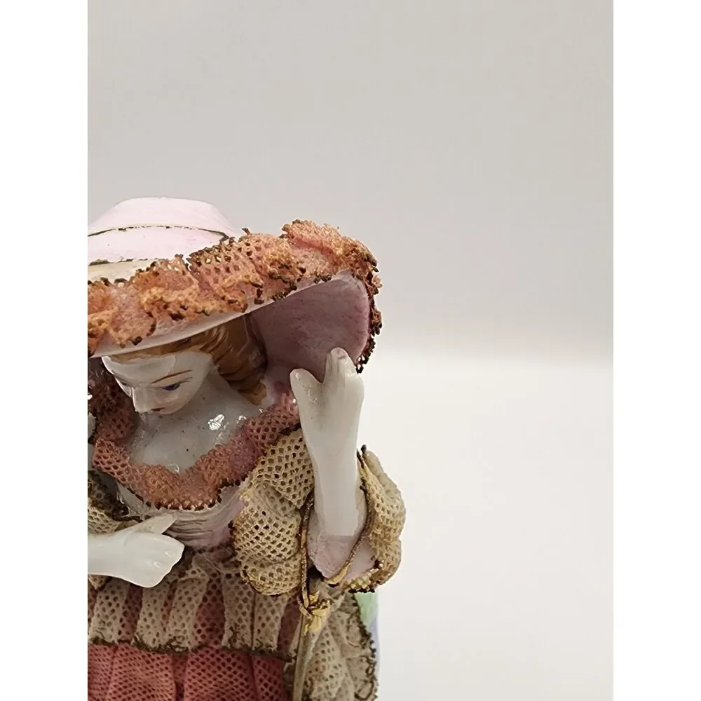 Vintage Porcelain Lace Lady Figurine Pink Dress Hat Parasol Japan 5 inches